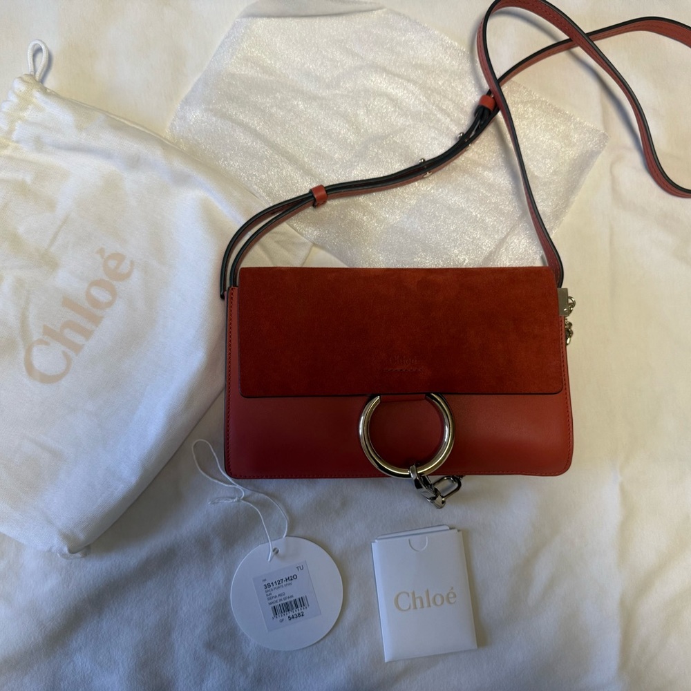 Chloe Sepia Red Crossbody Bag with Modern Circular Accent